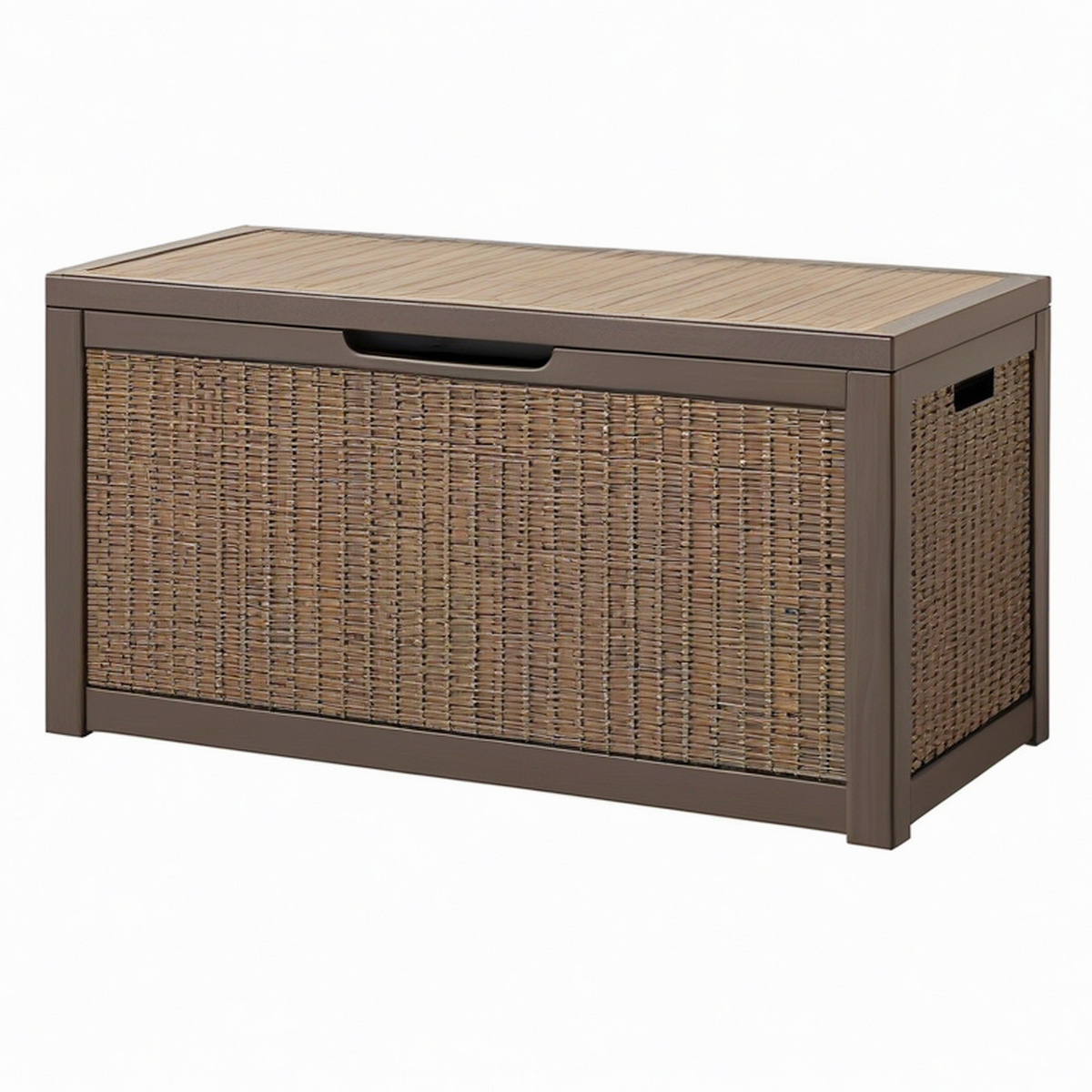 Coffre de rangement extérieur 120 x 60 x 65 cm en résine tressée brun avec plateau effet bois