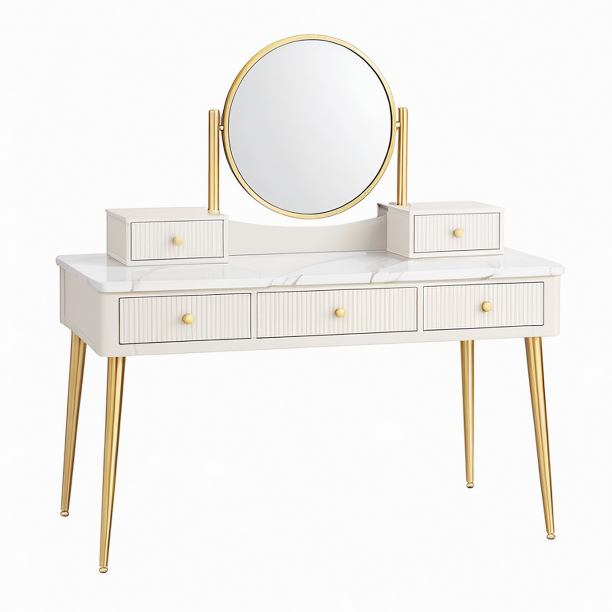 Coiffeuse 120 x 45 x 145 cm en panneaux dérivés du bois blanc et métal doré avec miroir et tiroirs style moderne