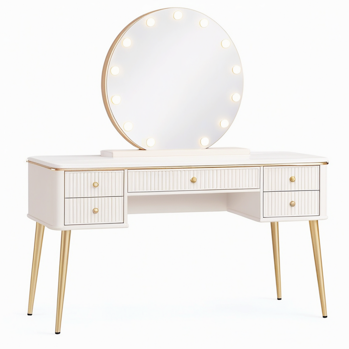 Coiffeuse 120 x 45 x 145 cm blanche et dorée en panneaux de bois avec miroir lumineux - style moderne