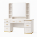 Table de maquillage 150 x 50 x 180 cm en panneaux de bois blanc et doré avec miroir rangements et tiroirs