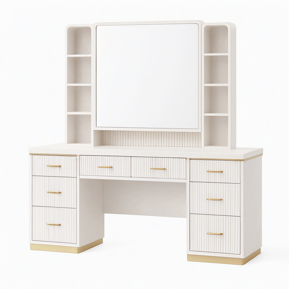 Table de maquillage 150 x 50 x 180 cm en panneaux de bois blanc et doré avec miroir rangements et tiroirs
