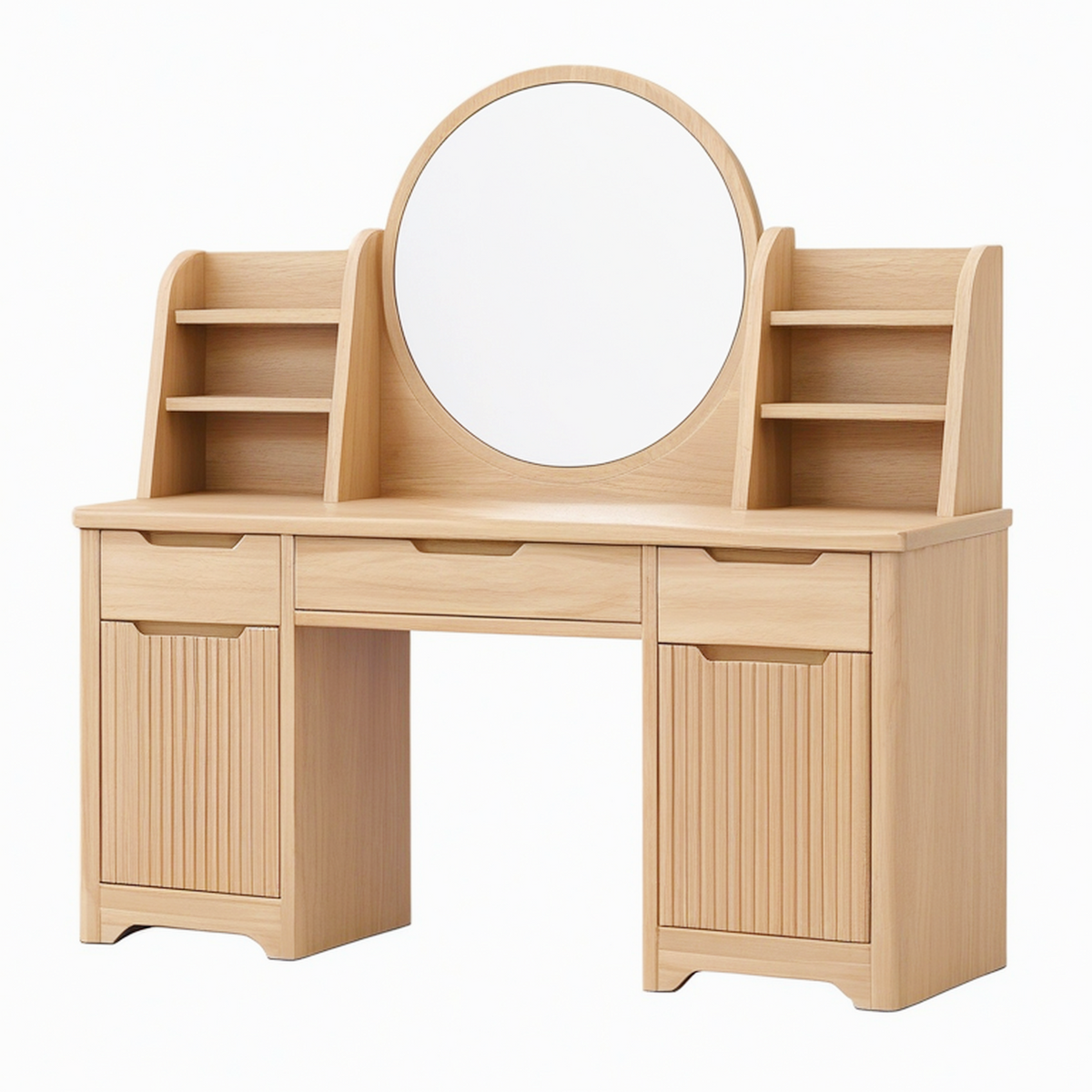 Coiffeuse 120 x 45 x 140 cm bois chêne clair avec miroir rond et rangement style scandinave
