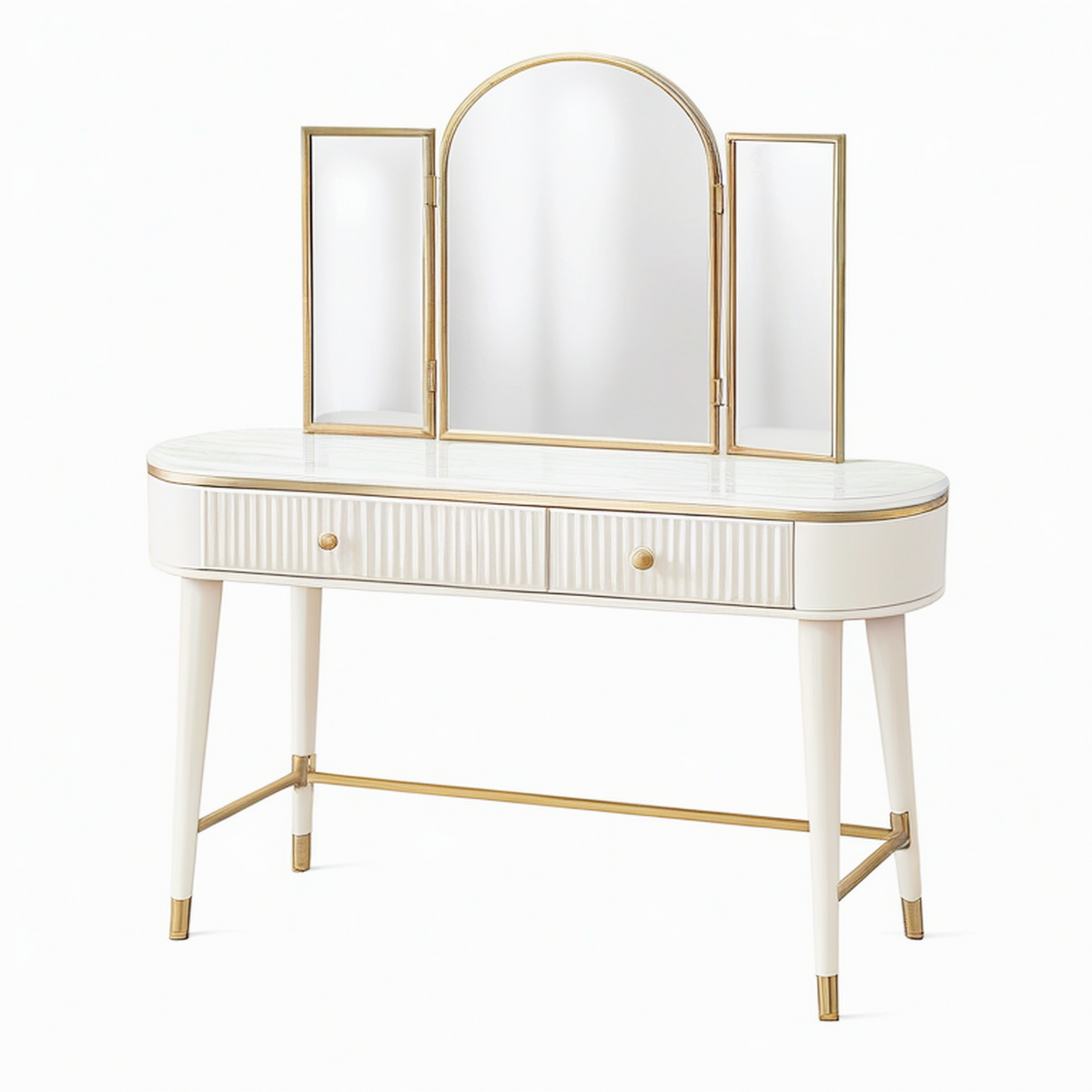 Coiffeuse 120 x 45 x 145 cm blanc et doré avec miroir triptyque et tiroirs