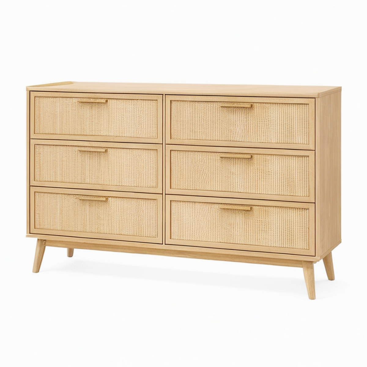 Commode 160 cm en bois naturel et cannage à 6 tiroirs style bohème
