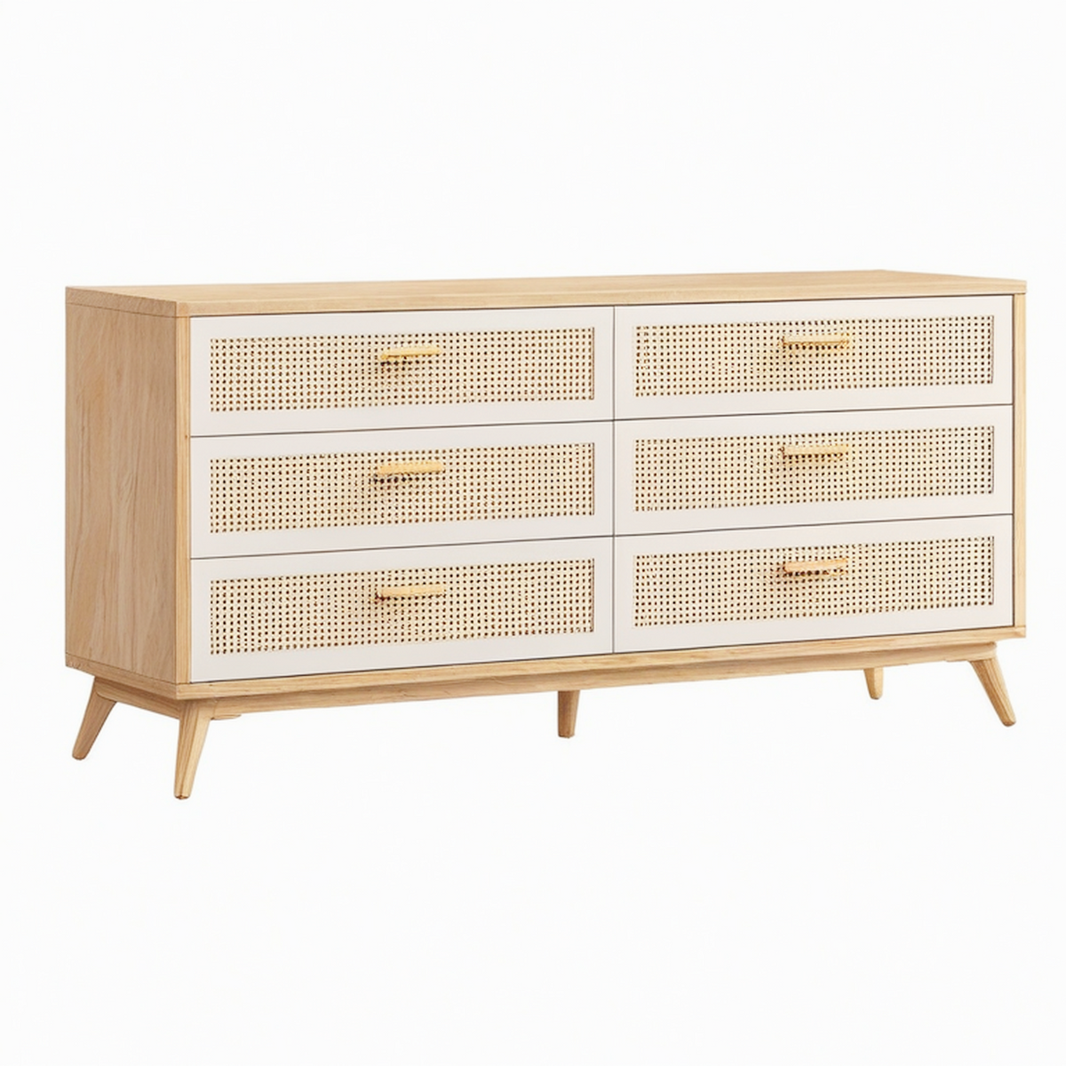 Commode 150 x 45 x 85 cm en bois naturel et cannage blanc cassé style rétro