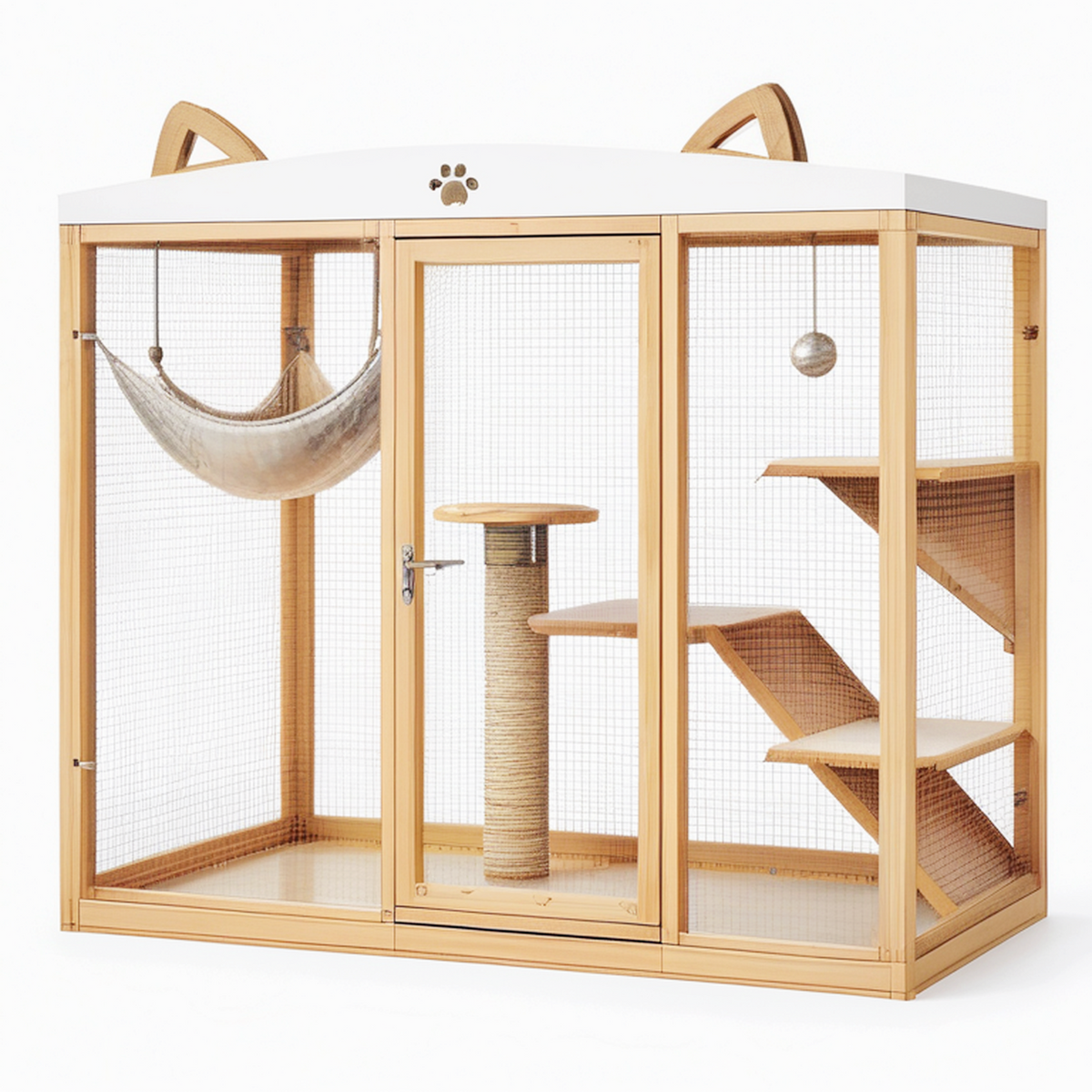 Enclos pour chat 180 x 90 x 180 cm en bois naturel et métal avec hamac et plateformes