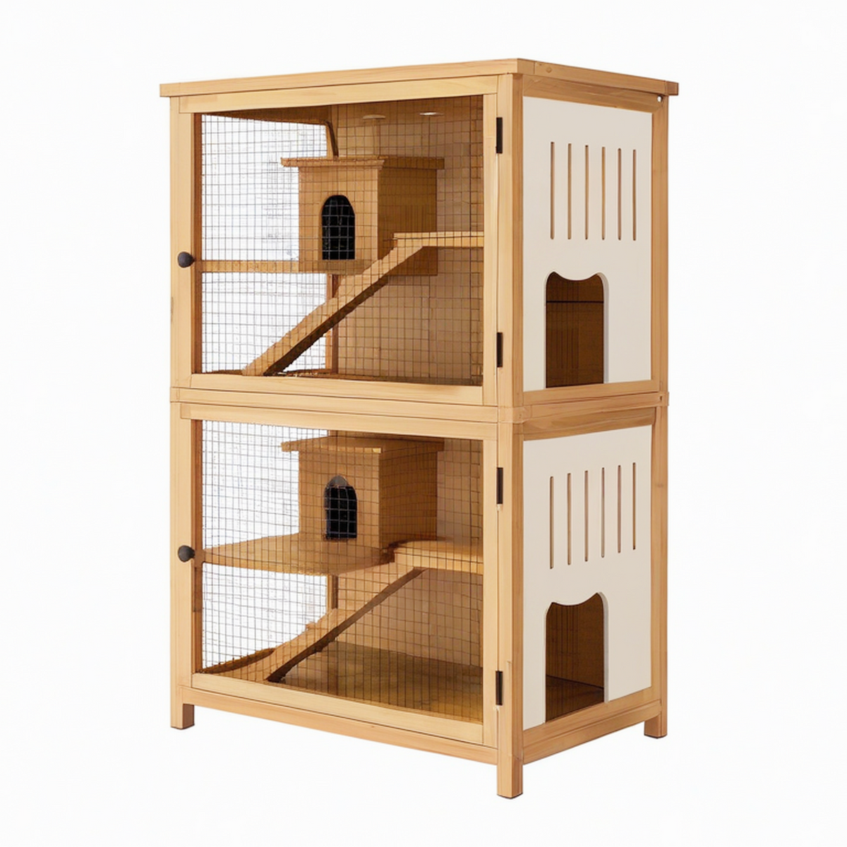 Enclos pour chat 90 x 60 x 180 cm en bois naturel avec grillage à deux niveaux