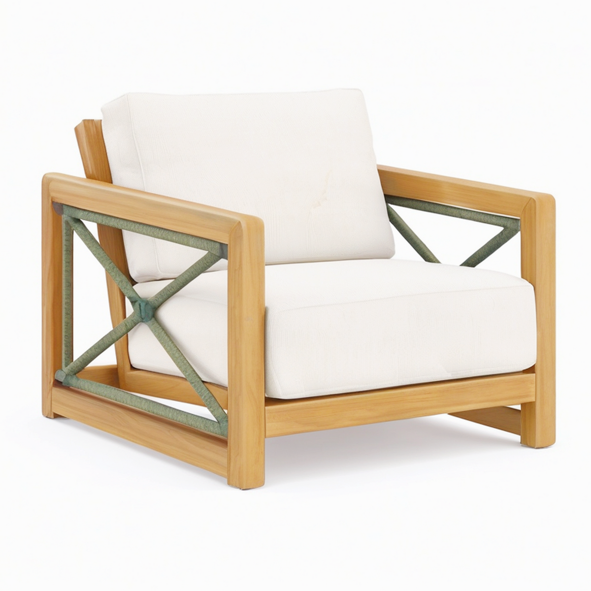 Fauteuil de jardin 76 x 78 x 78 cm en bois naturel et corde verte avec coussins beige style contemporain