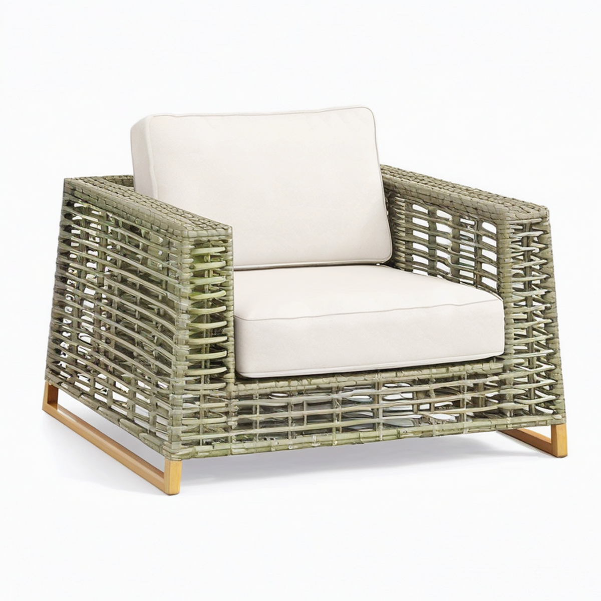 Fauteuil de jardin 85 x 85 x 75 cm en résine tressée vert sauge avec assise beige style contemporain