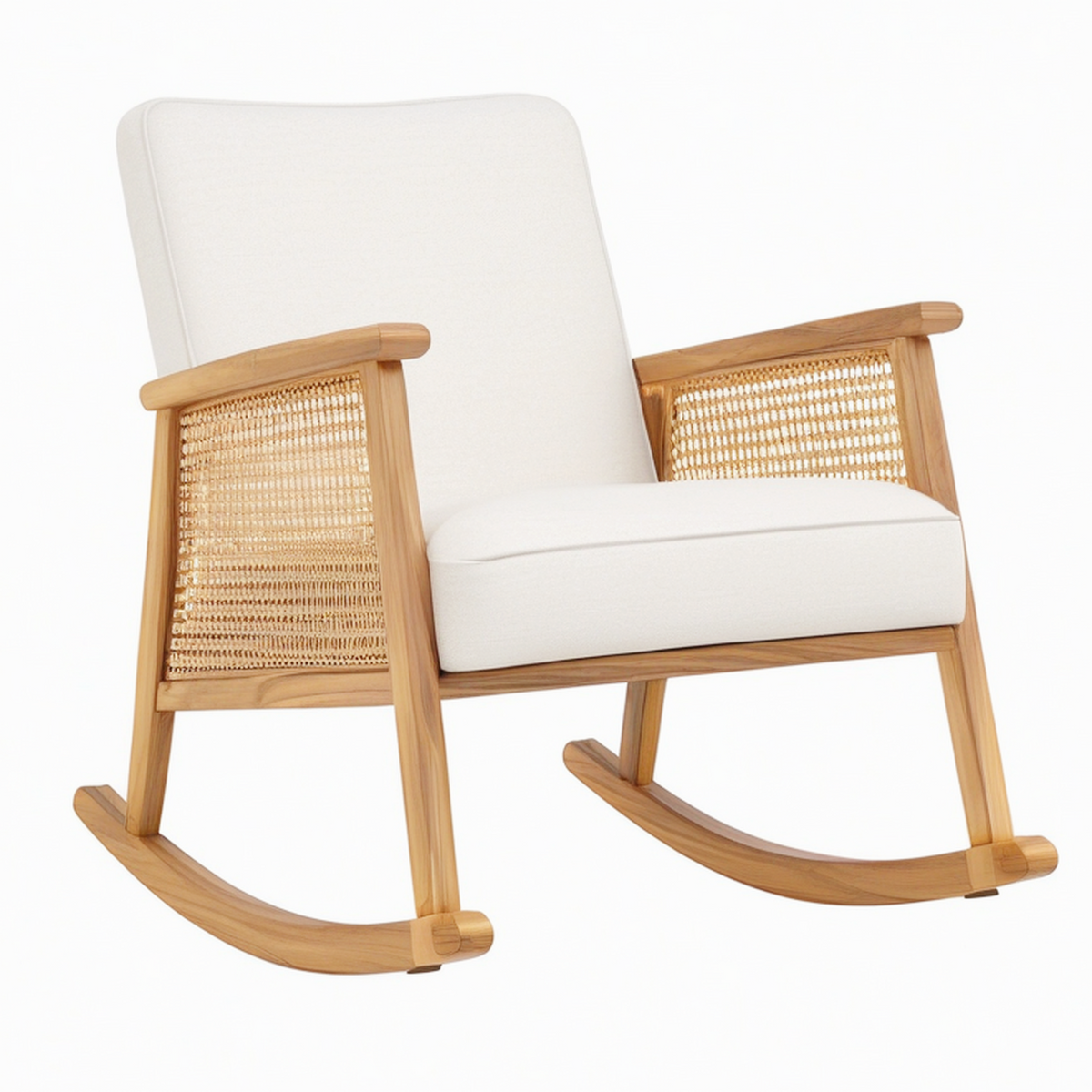 Fauteuil à bascule 68 x 95 x 102 cm bois naturel et tissu écru avec cannage style scandinave